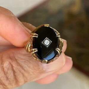 Antique Art Deco 10k Black Onyx and Diamond Ring